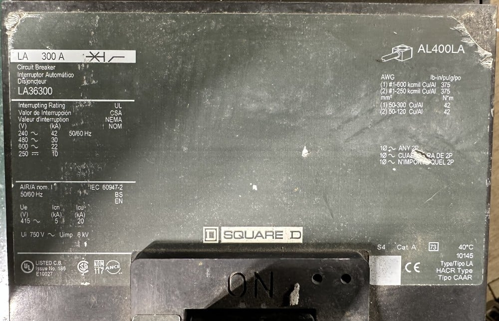 300 Amps, Square D Circuit Breaker, LA Series 4, 3-Pole, 600V Max., Thermal-Magnetic Adjustable Trip, 1500A