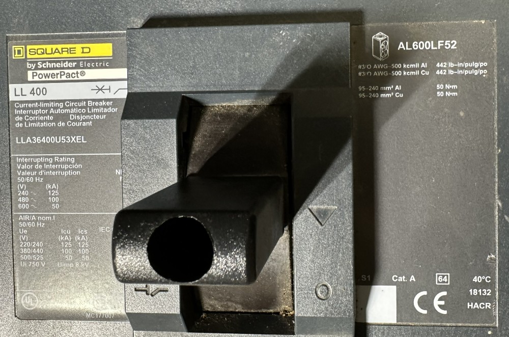 Square D Circuit Breaker, PowerPact LL400 Series, 3-Pole, 400A Field-Adj., 600V Max., Micrologic Trip Unit