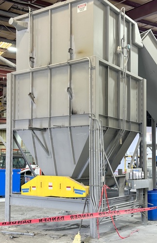 Surge Hopper Bin, 108" width x 216" H x 108" D bin, twin screw auger metering discharge, 9" auger diameter