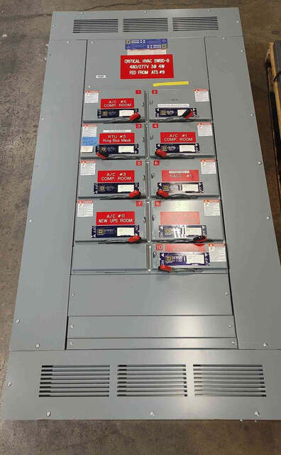 600 Amp. Square D QMB363TWRK, QMB panelboard switchboard interior, 480Y/277 Volts, 3 Phase, w/ 7-100A, 60A &