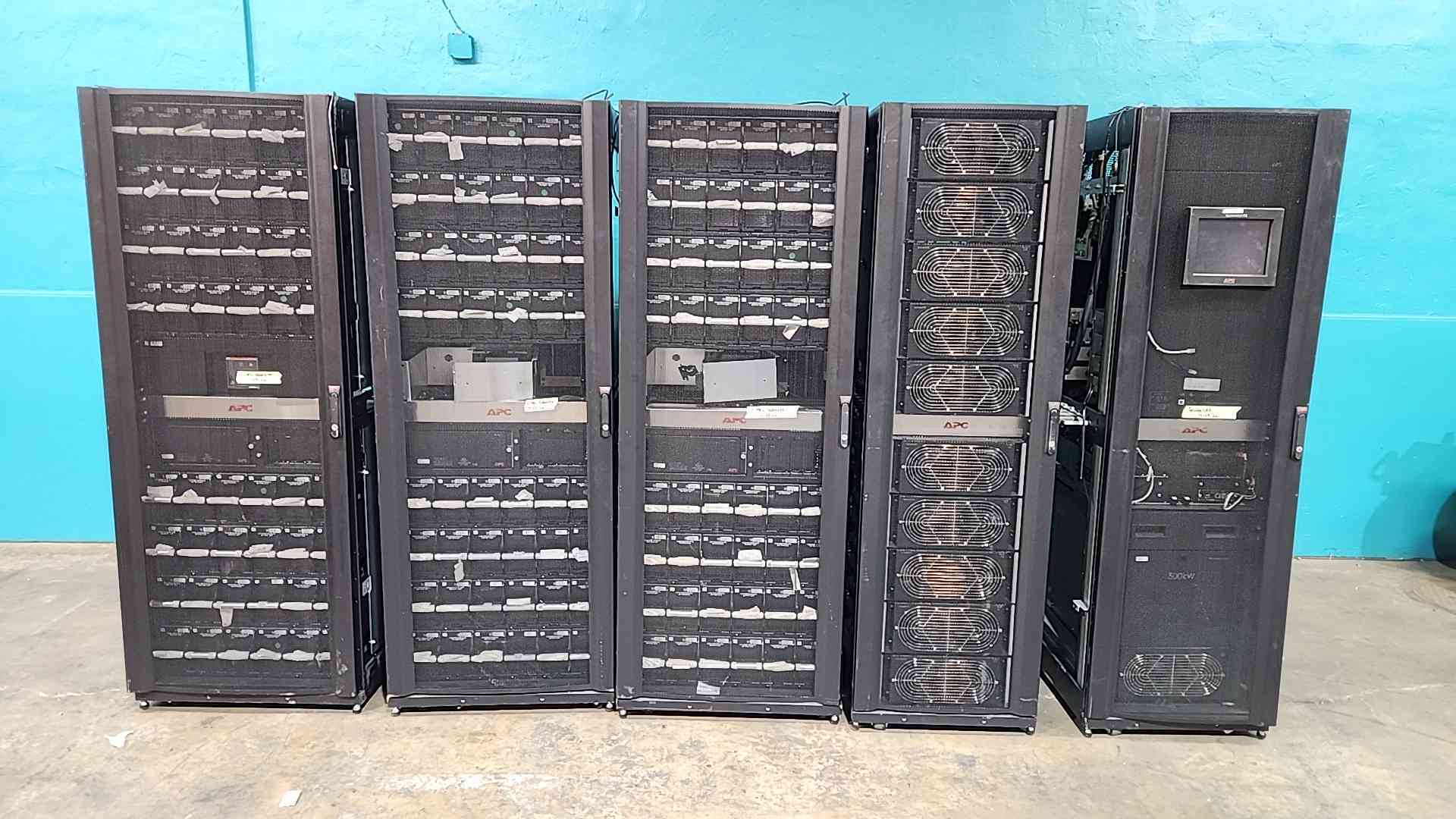 250 KW APC Symmetra PX #SYPF250KD, uninterruptible power supplies frame, w/ 3 SYBFXR8 battery cabinets