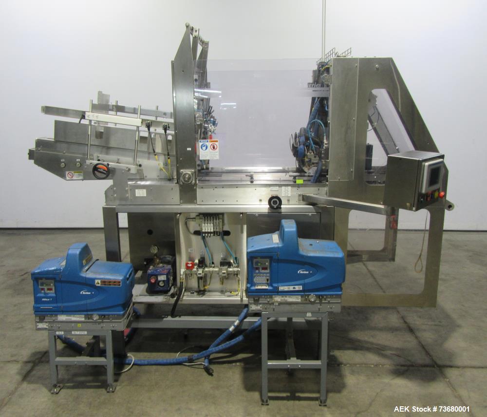 Hot Melt Glue Tray Former, Delkor #TFS, automatic, Stainless Steel, 80 trays/min., (2) Nordson ProBlue 7