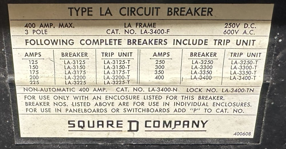 Square D Co., Adjustable Trip Circuit Breaker, 3-Pole, 400A Max. Frame, 600 VAC / 250VDC, Rating Dial HI/LO