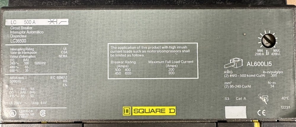 Square D Co., Adjustable Trip Circuit Breaker, 3-Pole, 500A Max. Frame, 600 VAC, Electronic Trip Unit LSIG