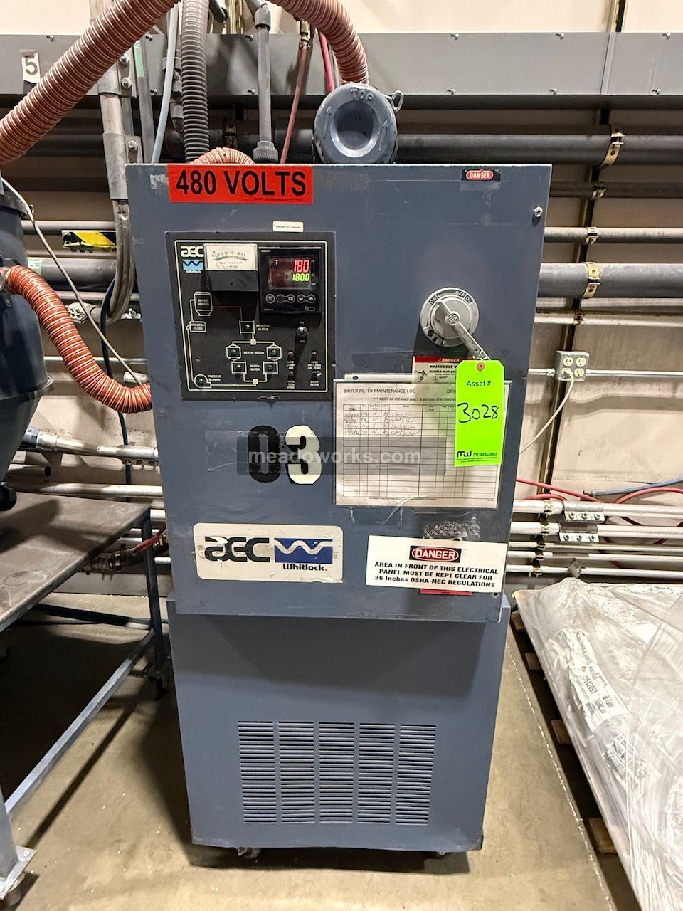 AEC-Whitlock #WD-30, Desiccant Material Dryer, Omron controller, dew point monitor, 480 V.