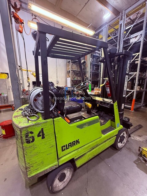 5,000 lb. Clark #GCX-25, Forklift, side-shift carriage, overhead guard