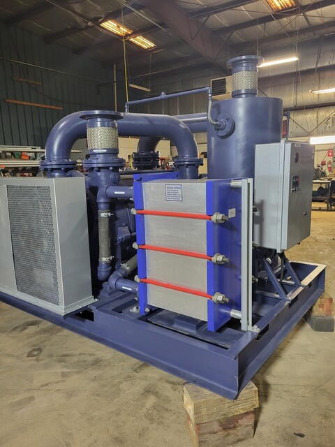 2500 CFM, Sihi, Liquid Ring Vacuum Skid, 200 HP, 29" HgV, full recovery system, heat exchanger, new