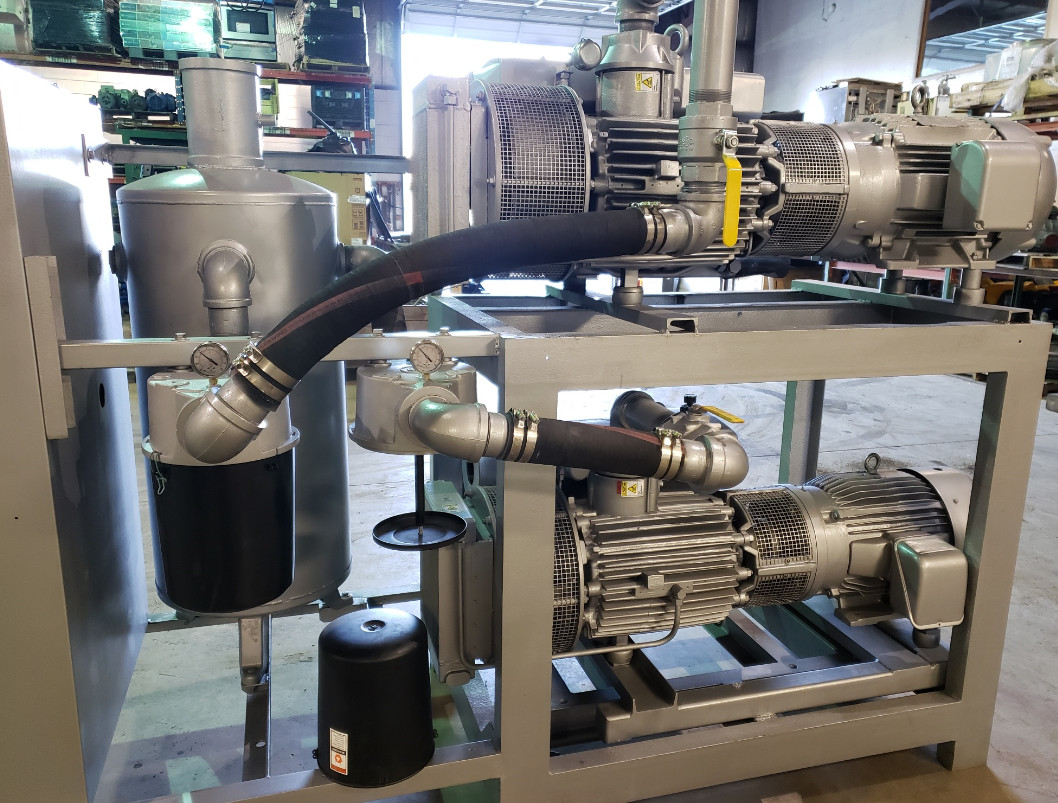 980 CFM, Busch #RA-0630, Dual Rotary Vane Vacuum Pump Skid, 25 HP, receiver tank