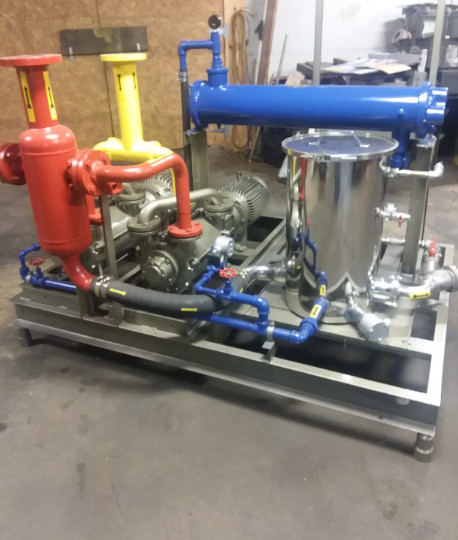 900 CFM, Dekker, Dual Pump Liquid Ring Vacuum Skid, 316 Stainless Steel, high temp, 450 CFM per pump, 29" HgV