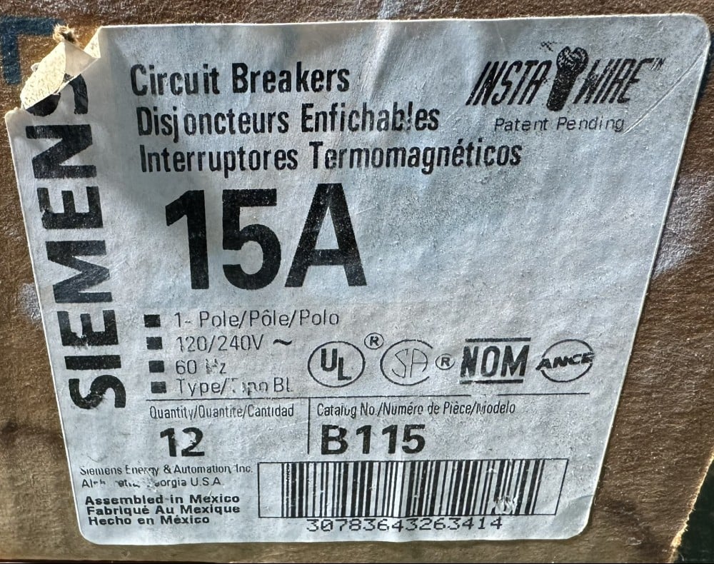 Siemens Energy & Automation, Inc., Fixed-Trip MCCB, 1-Pole, 15A, 120V/240V Max., 60 Hz