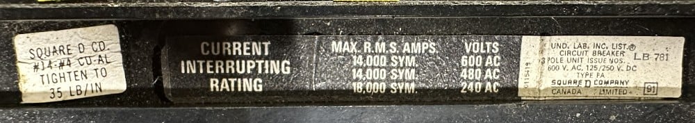 Square D Co., Fixed-Trip, Non-Adjustable MCCB Circuit Breaker, 3-Pole, 15A Max. Frame, 600 VAC / 250 VDC