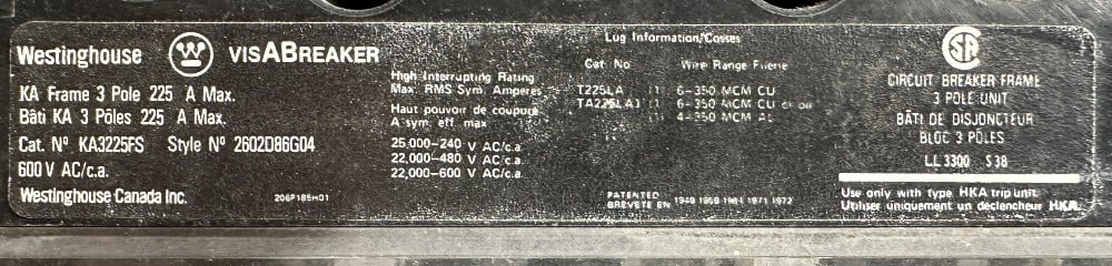 Westinghouse Electric Corp., 3-Pole, 225A Frame, 600 V AC Max. Require an Adjustable HKA-Type Magnetic Trip