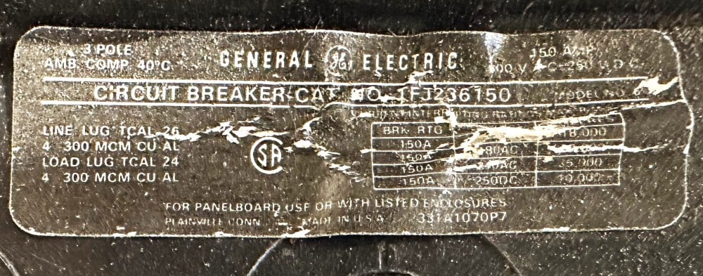 General Electric, TYPE TFJ Series, Thermal-Magnetic Adjustable Trip, 3-Pole, 150A Frame, 600VAC/250VDC Max.