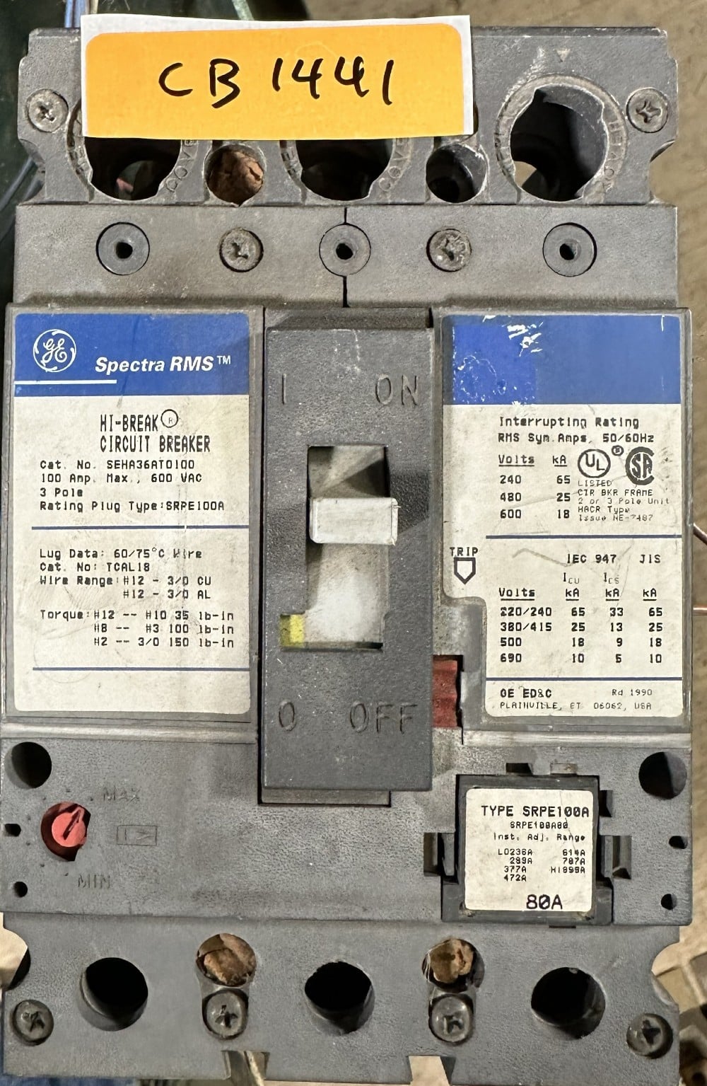 General Electric, Spectra RMS Hi-Break, Electronic Trip, 3-Pole, 100A Frame, 600VAC Max., Electronic Adj.-Trip