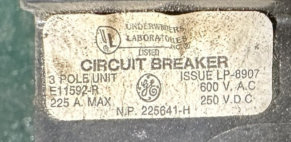 General Electric Type TFJ, w/ Shunt-Trip Device, MCCB, 3-Pole, 225A Frame Max., 600 VAC / 250 VDC Max.