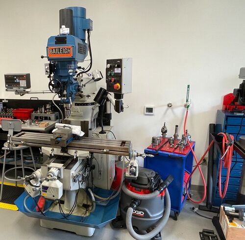 Baileigh #VM-949-3, vertical mill, 9" x 49" table, 28.5" X, 12" Y, 18" Z, 16" knee, 3 HP, 4200 RPM, NST40