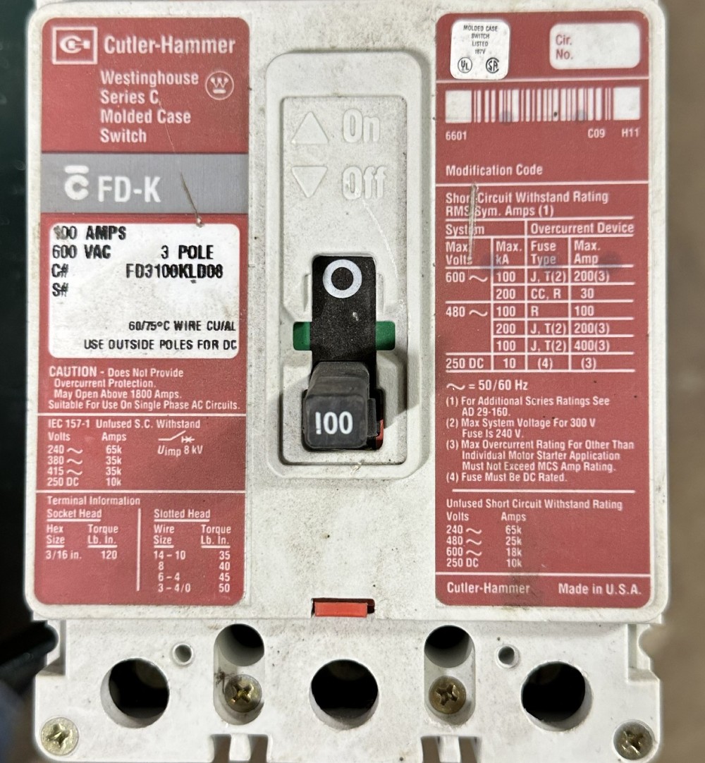 100 Amp. Cutler-Hammer / Westinghouse, FD3100KLD08 Molded Case Switch, 3 Pole, 600VAC, Series C FD Frame