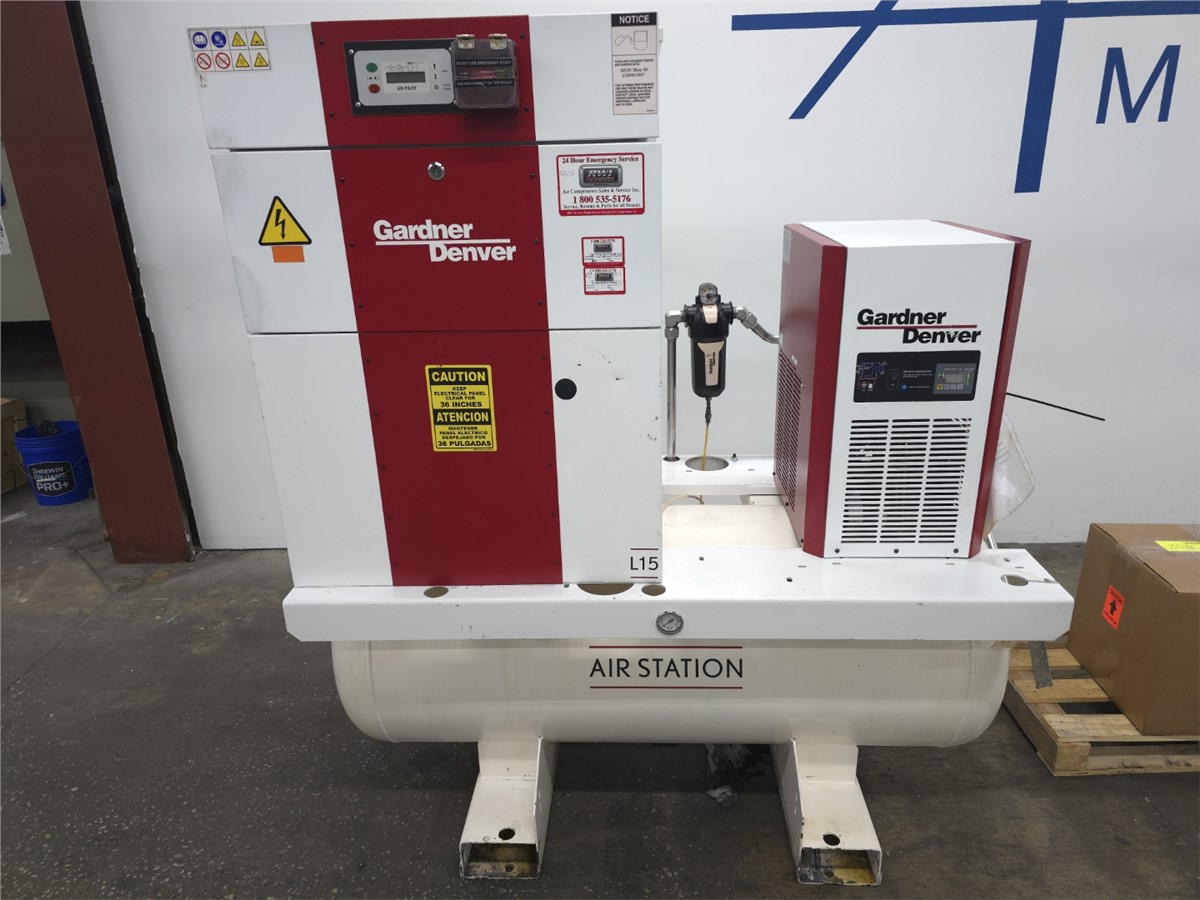 87 cfm, 110 psi, Gardner Denver #L15-22C, rotary screw air compressor, 20 HP, 120 gallon receiver, 208 V.