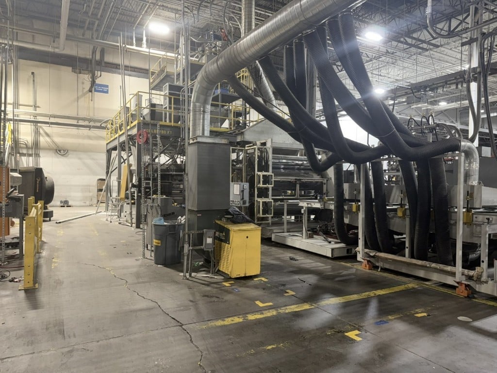 6" Davis Standard, co-extrusion sheet line, 91" wide, 6" & 2.5" extruders, 34:1 L/D, 500 HP, 3-roll stand