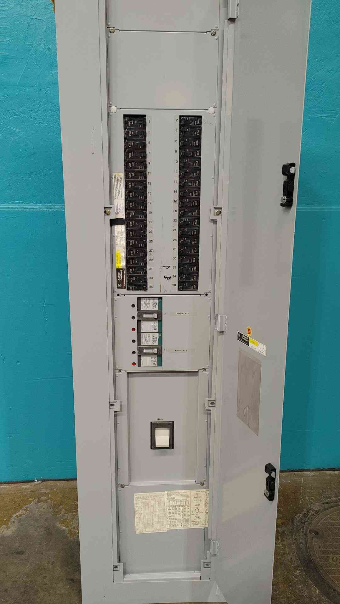 400 Amp. General Electric, AEF3364BBX, panelboard, 480Y/277 Volts, 3 phase, (36) TEY 20A breakers, (2) THED