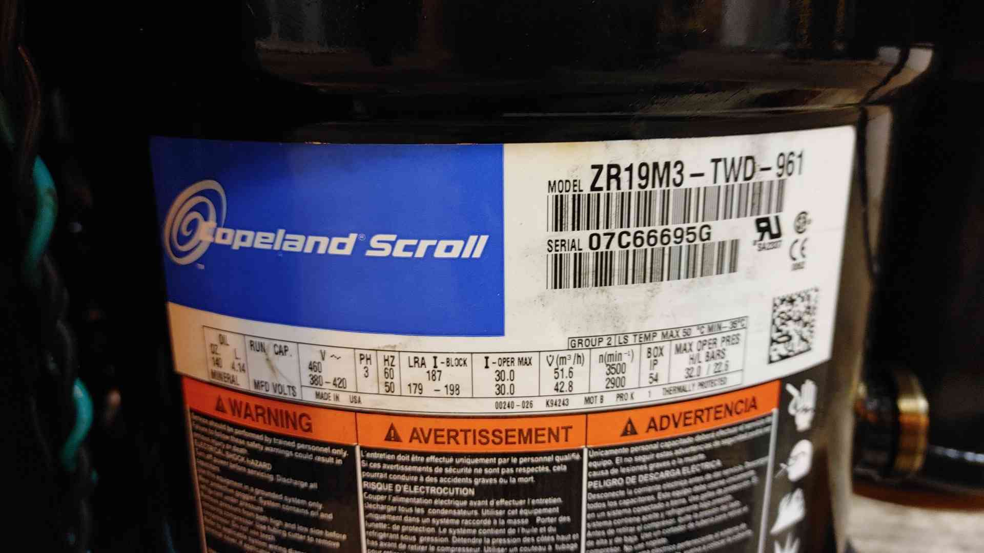 Copeland Scroll #ZR19M3-TWD-961, scroll compressor motor, 460 V., 3 Ph.