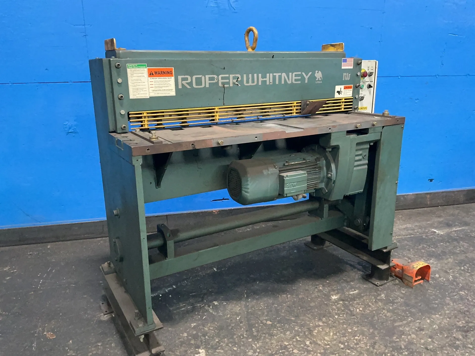 10 gauge x 4' Roper Whitney #PX410, power squaring shear, 10.7 HP, 1750 RPM, foot switch