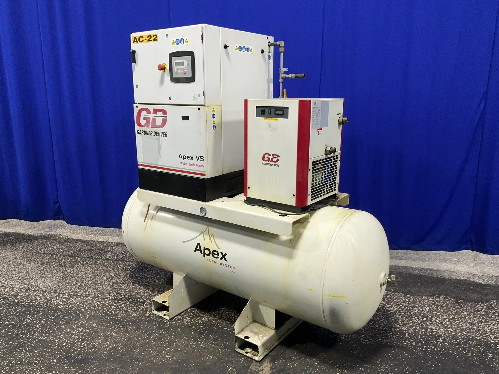 75 SCFM, 232 PSI, Gardner Denver #APEXVS7-11A, air compressor, 15 HP, 208 gallon tank, 3510 RPM, 2014