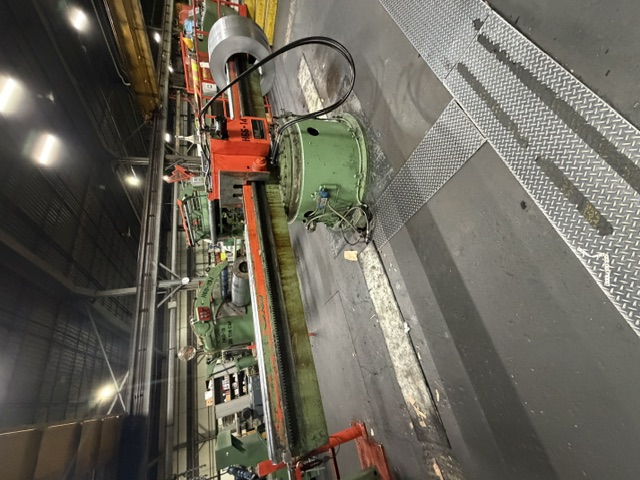 10,000 lb. UMI, coil banding line, 72" outside dimension, 2-arm turnstile, 70" arm, downlayer, Signode