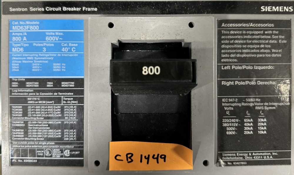 Siemens Energy & Automation, Inc., MCCB, 3-Pole, 800A Frame, 600 VAC Max., 800A Trip Unit, Magnetic-Adj.