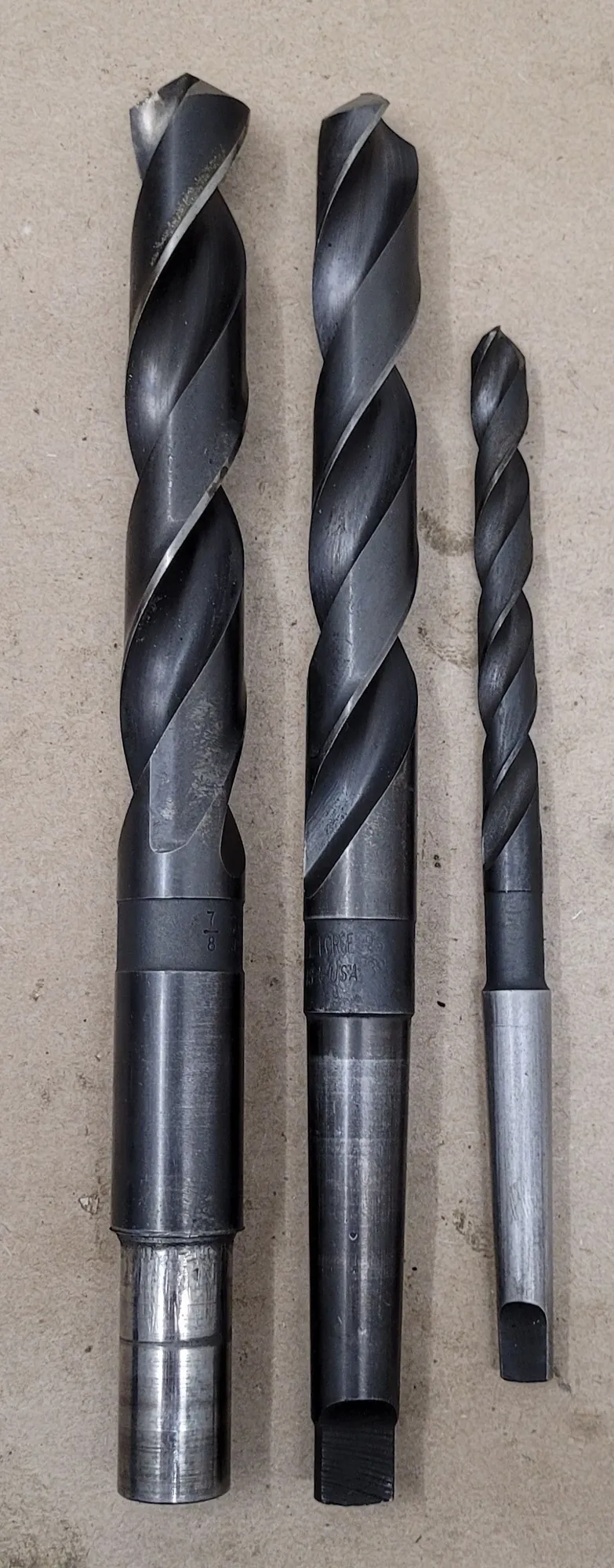 Cle-Forge, HSS twist drills, LOT of 3, 25/32" 2MT, 27/64" 1MT, 7/8" w/.73" modified shank