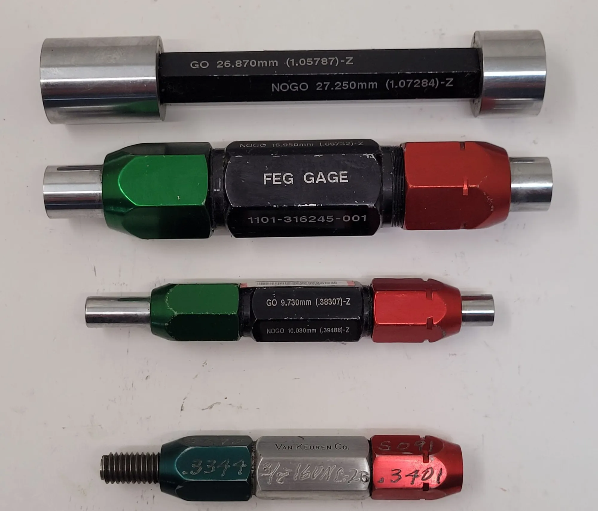 Feg Gage, Go/No Go plug gauges, LOT of 4, various sizes