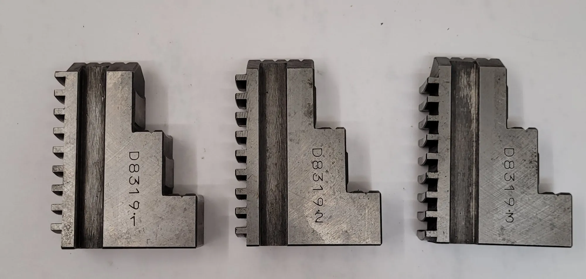 Lathe chuck jaws #C8501, LOT of 3, 3-3/8" H x 7/8" width x 2-1/2" D, 1/8" gap