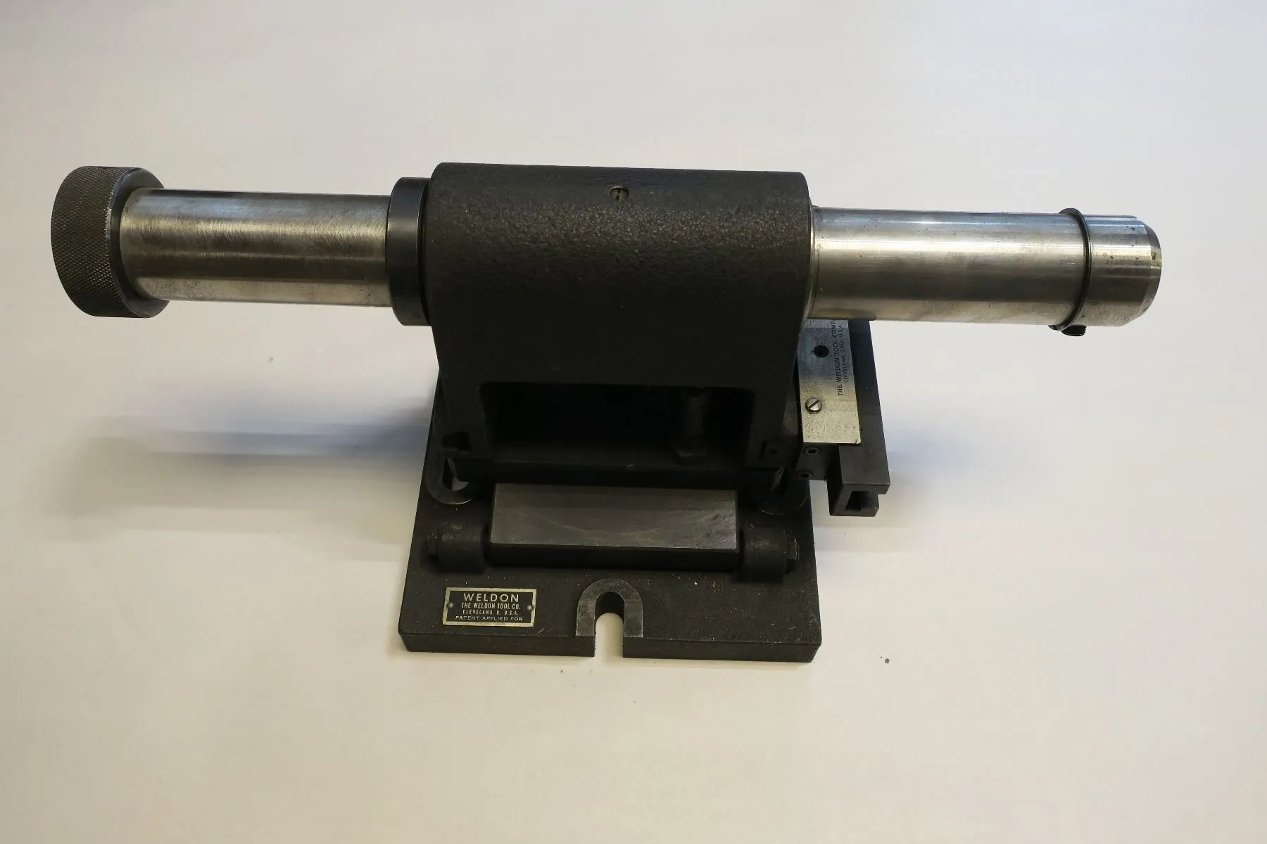 Weldon, end mill sharpening fixture, w/case, tooling, adjustable tool rest, gage & collets