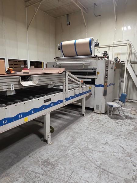 48" Unimak #FLL-1400-PUR, laminating line, PUR glue spreader, flying knife, (2) KUKA robot load/unload, 15-82