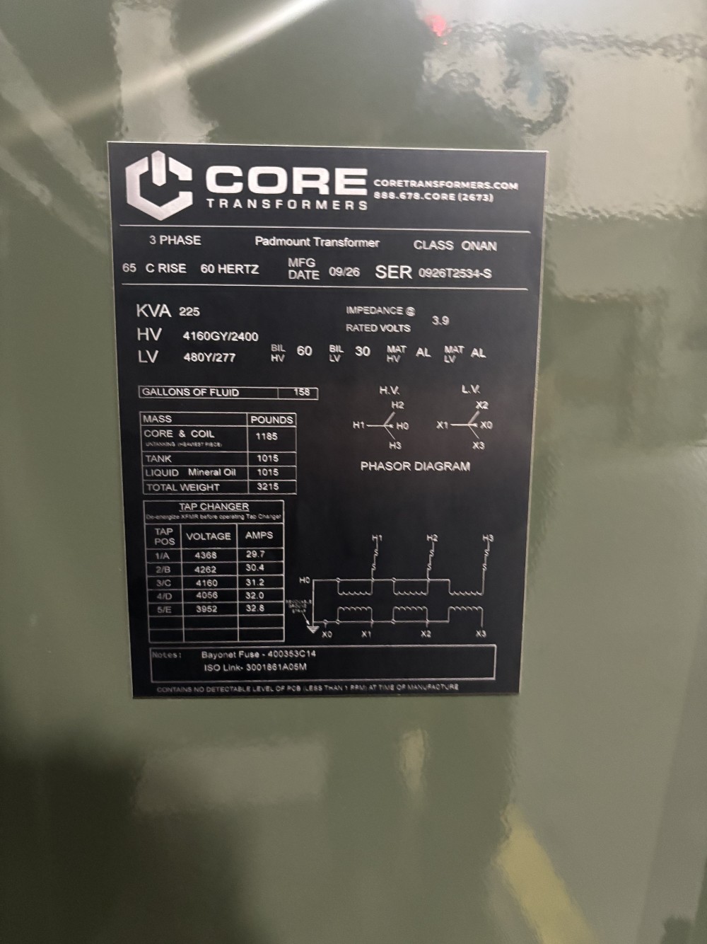 225 kVA 4160GrdY/2400 Primary, 480Y/277 Secondary, PAD, proCORE(immediate shipment available)