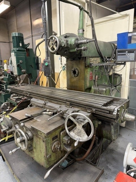 Kearney & Trecker #415-TF-RAM, horizontal mill, 15.5" x80" tbl., 15 HP, #50 NST, 15-1500 RPM, power vertical