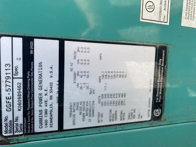 42 KW Cummins #GGFE-5779113, Natural Gas Generator, 120/240 Volt, 1800 RPM, 3PH, 580 hours
