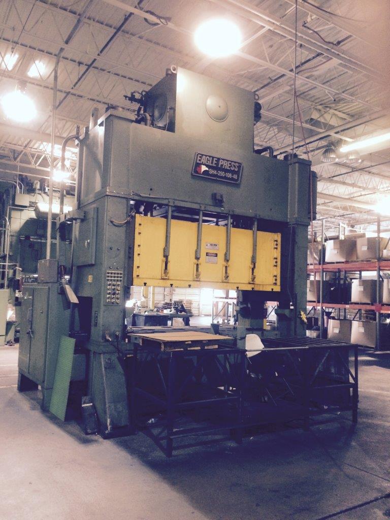 250 Ton, Eagle #SA4-250-108-48, hydraulic down-acting press, 12" stroke, 18" Shut Height, 30" daylight, 108"