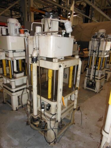 40 Ton, Fisher Dynamics, 4-post up-acting hydraulic press, 14" stroke, 19" daylight, 28" x 28" bed, 21" x 21"