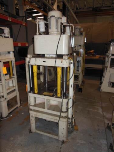 40 Ton, Fisher Dynamics, 4-post up-acting hydraulic press, 14" stroke, 19" daylight, 28" x 28" bed, 21" x 21"