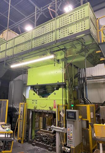 800 Ton, RHML, 4-post hydraulic press, 40" stroke, 55" daylight, 63" x 62" x 8" T-slotted bolster, T-slotted