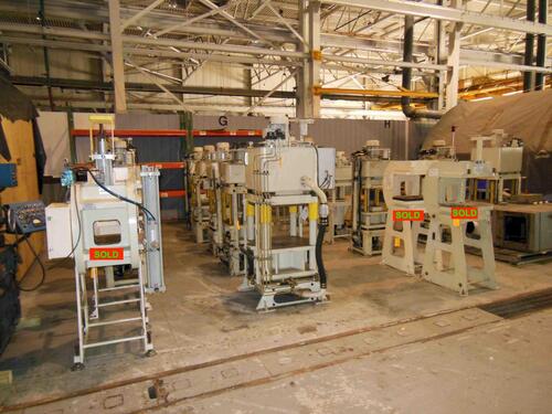 LOT of 11 Fisher Dynamics, up-acting hydraulic presses, (10) 40 Ton 4-post & (1) C-frame, require new