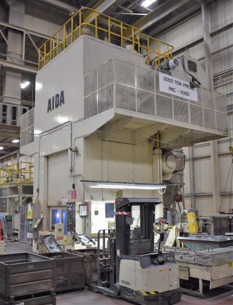 3000 Ton, Aida #PK-3000, knuckle joint press, 9.84" stroke, 44.09" die height, 1.18" adj., 47.24" x 47.24"