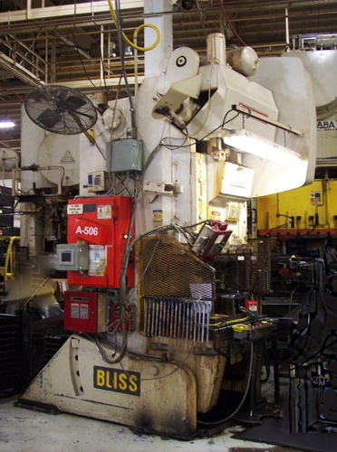 110 Ton, Bliss #110-42-27, back geared OBI press, 10" stroke, 4" adj., 17" Shut Height, 42" x 27" bed, 40