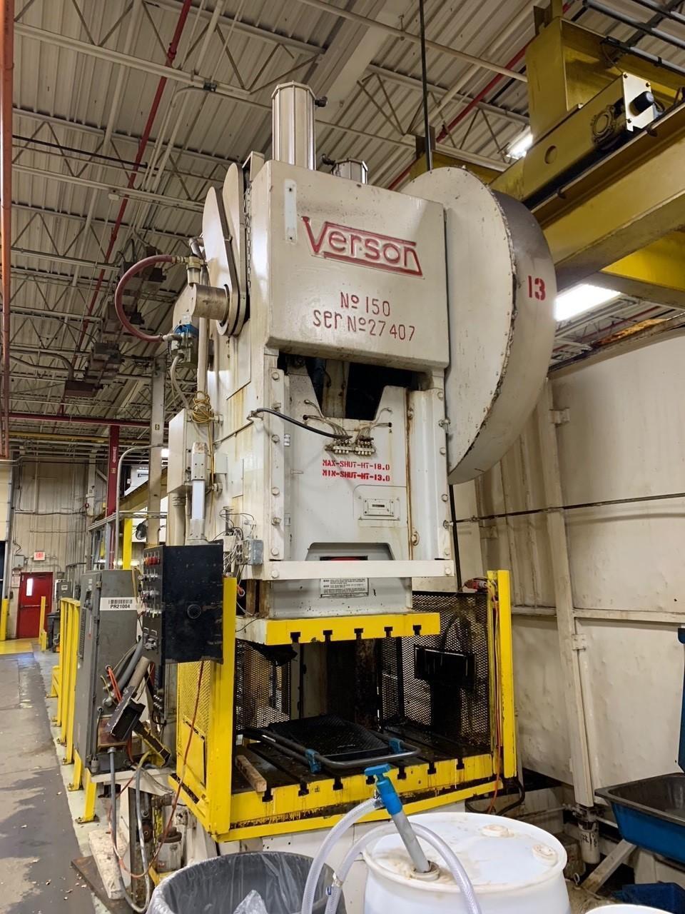 150 Ton, Verson #150, OBI flywheel press, 8" stroke, 22" Shut Height, 6" adj., 50" x 30" bed, 46 SPM, light