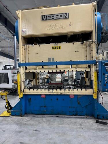 200 Ton, Verson #200-B2-96, straight side double crank press, 12" stroke, 25" Shut Height, 8" adj., 103" x