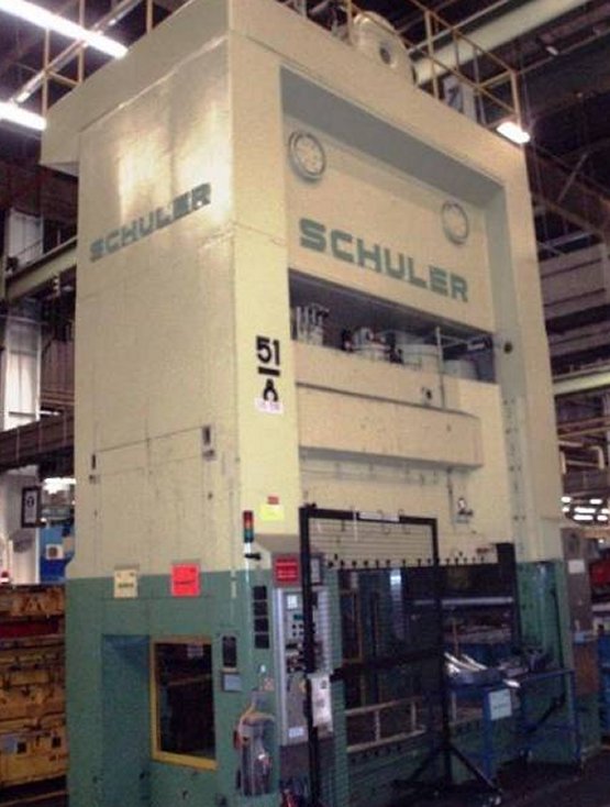 500 Ton, Schuler #P2E2-SQS500/3.1/0.5, straight side press, 122-1/16" x 51-3/16" bed & ram, 16 SPM, PLC