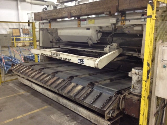17" wide x 12' long, Met-Fab, motorized shear sheet conveyor, (6) belts, 5 HP Baldor motor, 1-3/4" drive
