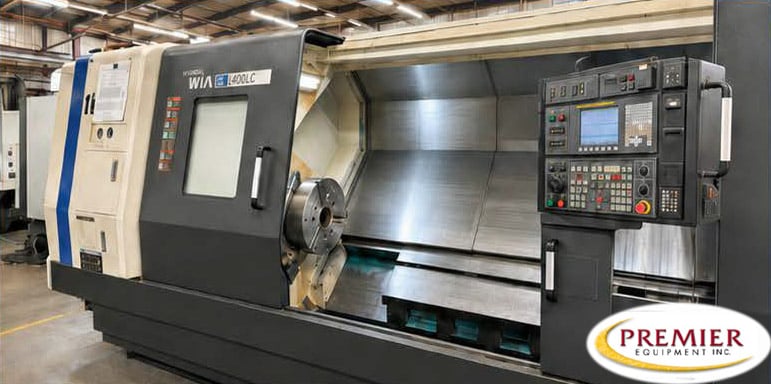 Hyundai Wia #L400LC, CNC lathe with steady rest, 2-Axis, Fanuc 0i, 28.5" swing, 83.5" centers, 4.6" bar, 2012