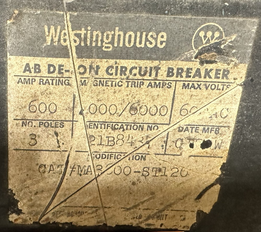 600 Amps, Westinghouse, MCCB, AB De-Ion, MA3600-ST120, 3-Pole, 600VAC Max., 600A Adjustable Magnetic Trip Unit